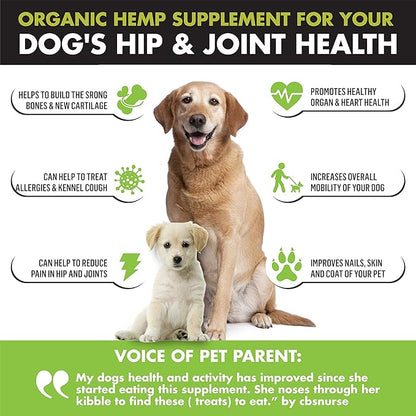 Advanced Hemp Hip and Joint Supplement for Dogs - Hemp Oil Glucosamine Chondroitin for Dog - Omegas - Turmeric - MSM - Green Lipped Mussel, Made in USA treats support mobility - 120 Chews