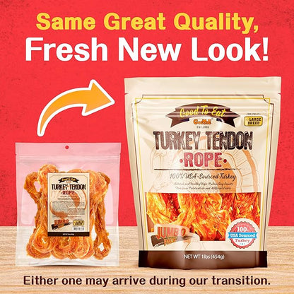 Gootoe Turkey Tendon Dog Treats – 100% USA-Sourced, Natural Snack, Premium Training Chews, Hypoallergenic, Reseal Value Bags, Sizes for Small Medium & Large Dogs, Rope (L) Jumbo Pack, 1 lb (Pack of 1)