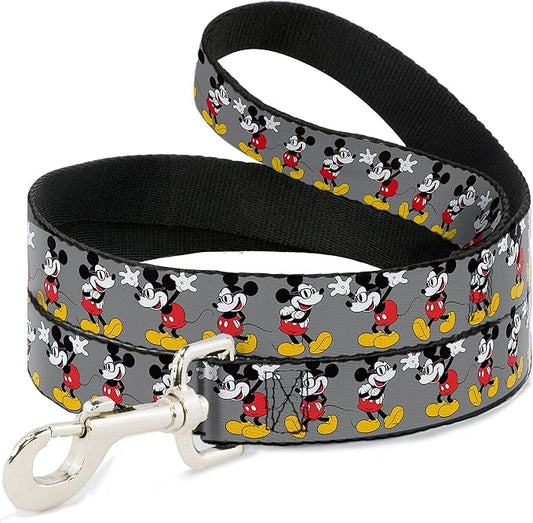 Buckle-Down Pet Leash - Mickey Mouse w/Glasses Poses Gray - 4 Feet Long - 1.5" Wide