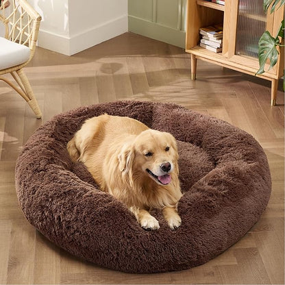 Bedsure Calming Dog Bed for Extra Large Dogs - Donut Washable Large Pet Bed, Anti-Slip Round Fluffy Plush Faux Fur Dog Bed, Fits up to 125 lbs Pets, Brown, 45 inches