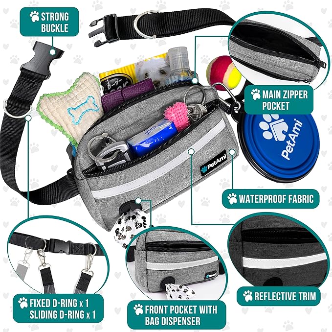 PetAmi Hands Free Dog Leash, Dog Running Leash Belt for Walking Jogging, Dog Waist Zipper Pouch Fanny Pack with Poop Bag Dispenser, Dual Padded Handle Bungee Leash for Small Medium Large Dogs, Single