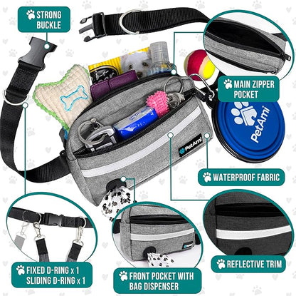 PetAmi Hands Free Dog Leash, Dog Running Leash Belt for Walking Jogging, Dog Waist Zipper Pouch Fanny Pack with Poop Bag Dispenser, Dual Padded Handle Bungee Leash for Small Medium Large Dogs, Single