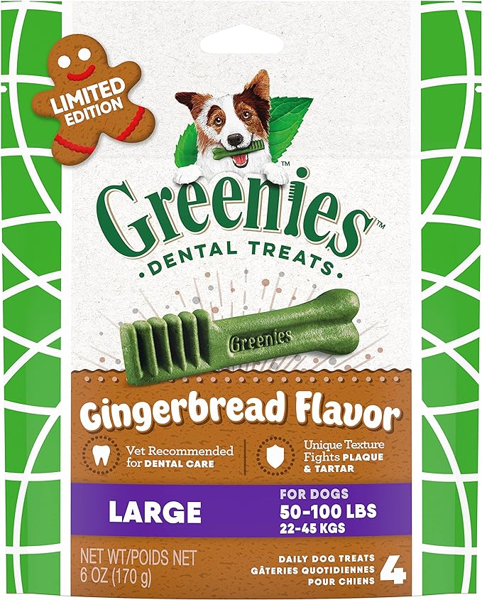 Greenies Large Dental Dog Treats, Gingerbread Flavor, 6 oz. Pack (4 Count)
