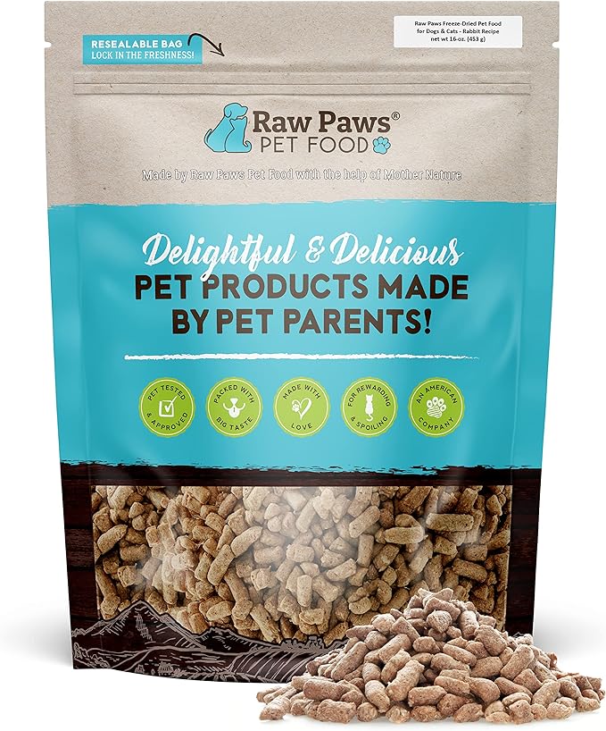 Raw Paws Freeze Dried Dog Food & Cat Food - Rabbit Recipe, 16-oz - Made in USA - Freeze-Dried Dog Food, Freeze Dried Raw Dog Food - Raw Dog Food Freeze Dried - Raw Food for Dogs, Freeze Dried Cat Food
