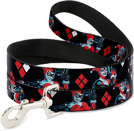 Buckle-Down Pet Leash - Harley Quinn Shooting Poses/Diamonds Black/Red/White - 6 Feet Long - 1" Wide
