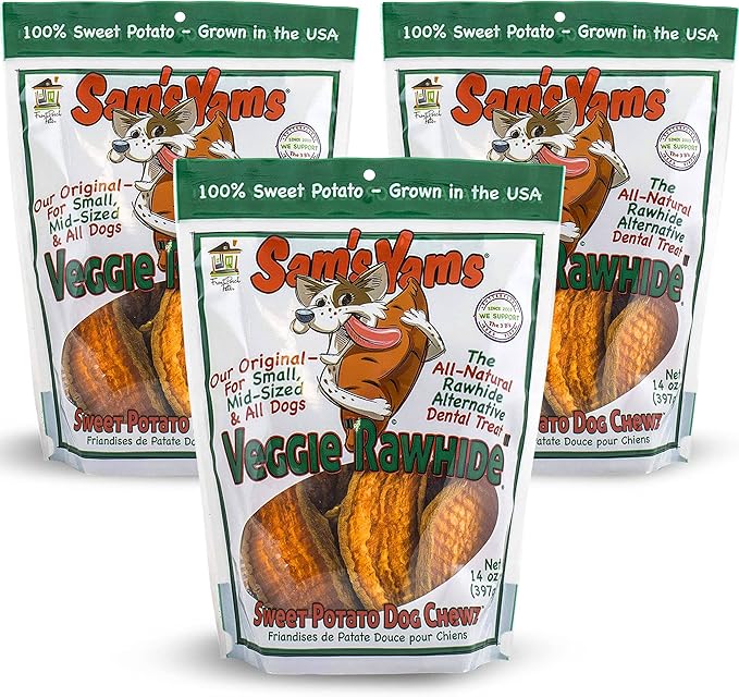 Sam's Yams Sweet Potato Dog Treats, Healthy Dog Treats for Small, Medium, and Large Breed Dogs - Made in USA, High Fiber, Vegan Dental Chews - Veggie Rawhide, Sweet Potato Dog Chewz, 14oz(Pack of 3)
