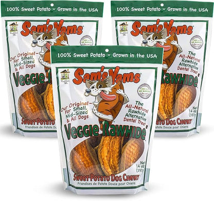 Sam's Yams Sweet Potato Dog Treats, Healthy Dog Treats for Small, Medium, and Large Breed Dogs - Made in USA, High Fiber, Vegan Dental Chews - Veggie Rawhide, Sweet Potato Dog Chewz, 14oz(Pack of 3)
