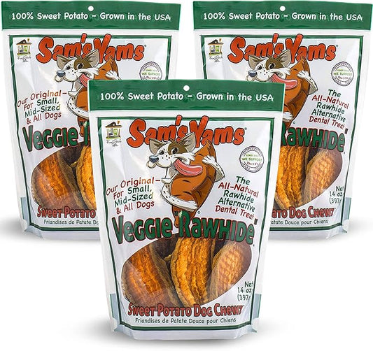 Sam's Yams Sweet Potato Dog Treats, Healthy Dog Treats for Small, Medium, and Large Breed Dogs - Made in USA, High Fiber, Vegan Dental Chews - Veggie Rawhide, Sweet Potato Dog Chewz, 14oz(Pack of 3)