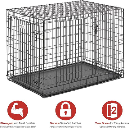 MidWest Homes for Pets Ultima Pro Series 42' Dog Crate | Extra-Strong Double Door Folding Metal Dog Crate w/Divider Panel, Floor Protecting 'Roller Feet' & Leak-Proof Plastic Pan