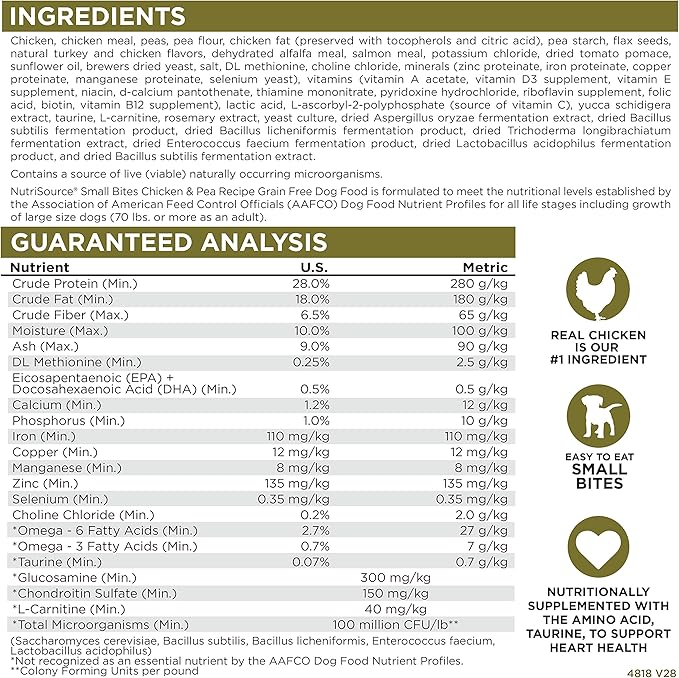 NutriSource Grain-Free Dog Food, Small Bites, Made with Chicken and Peas, 15LB, Dry Dog Food