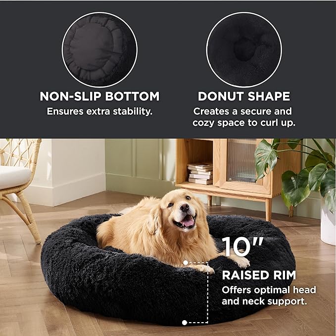 Bedsure Calming Dog Bed for Extra Large Dogs - Donut Washable Large Pet Bed, 45 inches Anti-Slip Round Fluffy Plush Faux Fur Dog Bed, Fits up to 125 lbs Pets, Black
