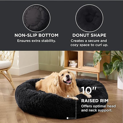 Bedsure Calming Dog Bed for Extra Large Dogs - Donut Washable Large Pet Bed, 45 inches Anti-Slip Round Fluffy Plush Faux Fur Dog Bed, Fits up to 125 lbs Pets, Black