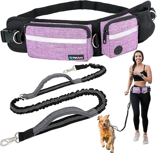 PetAmi Hands Free Dog Leash, Dog Running Leash Belt Bag for Walking, Jogging, Dog Waist Double Zipper Pouch with Poop Bag Dispenser, Dual Padded Handles Reflective Bungee Leash, Single