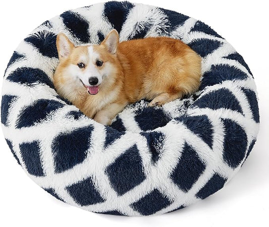Bedsure Calming Dog Bed for Medium Dogs - Donut Washable Medium Pet Bed, 30 inches Anti-Slip Round Fluffy Plush Faux Fur Cat Bed, Fits up to 45 lbs Pets, Diamond Blue