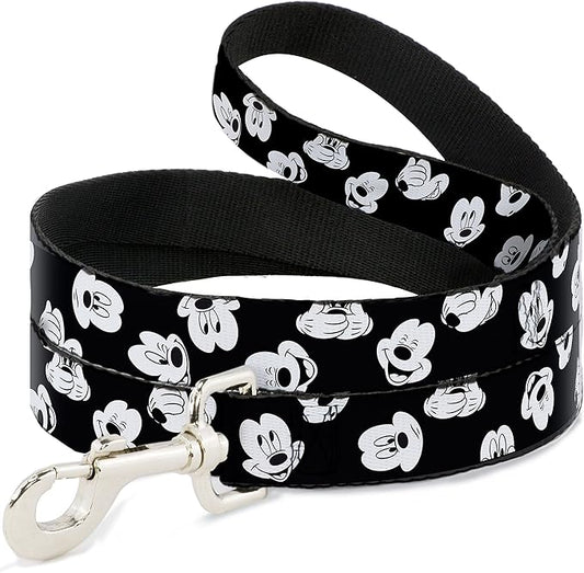Buckle-Down Pet Leash - Mickey Mouse Expressions Scattered Black/White - 4 Feet Long - 1" Wide