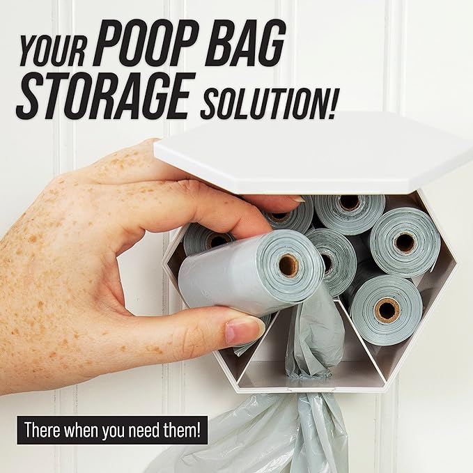 Leashboss Dog Poop Bag Dispenser Wall Mount with Container for Extra Storage, Doggy Bag Holder for Pet Waste Stations, Includes 8 Rolls (120 Bags) of Unscented Pet Waste Bags