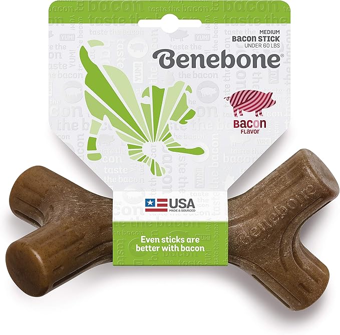 Benebone Bacon Stick Durable Dog Chew Toy for Aggressive Chewers, Real Bacon, Made in USA, Medium