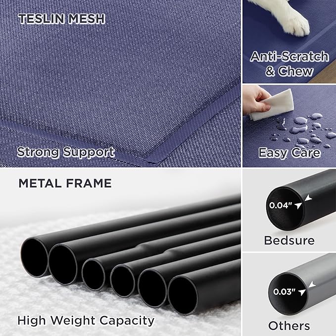 Bedsure Elevated Raised Cooling Cots Bed for Large Dogs, Portable Indoor & Outdoor Pet Hammock with Skid-Resistant Feet, Frame with Breathable Mesh, Deep Sea Blue, 49 inches