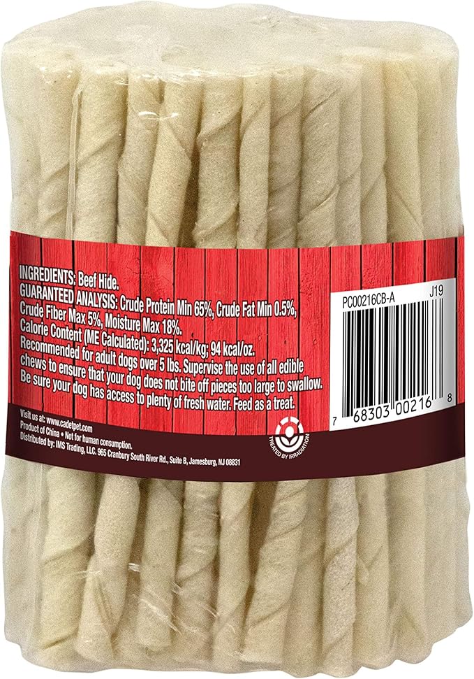 Cadet Premium Grade Beef Hide for Dogs, Long Lasting Rawhide Twist Chew Sticks, Natural Dog Chews, 5 Inch Dog Bones (100 Count)