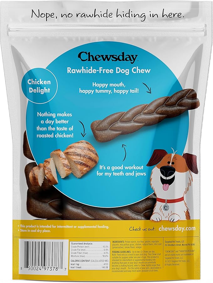 5-Inch Dog Chew Braids, Made in The USA, All Natural Rawhide-Free Highly-Digestible Treats, Chicken Delight - 7 Count
