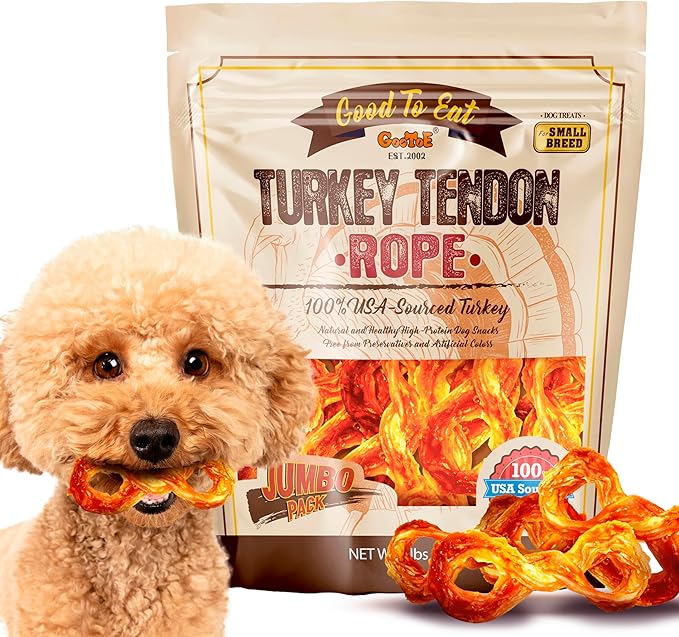 Gootoe Turkey Tendon Dog Treats – 100% USA-Sourced, Natural Snack, Premium Training Chews, Hypoallergenic, Reseal Value Bags, Sizes for Small Medium & Large Dogs, Rope (S) Jumbo Pack, 1 lb (Pack of 1)