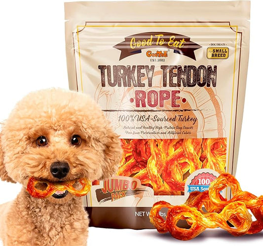 Gootoe Turkey Tendon Dog Treats – 100% USA-Sourced, Natural Snack, Premium Training Chews, Hypoallergenic, Reseal Value Bags, Sizes for Small Medium & Large Dogs, Rope (S) Jumbo Pack, 1 lb (Pack of 1)