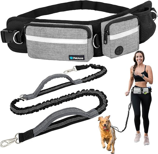 PetAmi Hands Free Dog Leash, Dog Running Leash Belt Bag for Walking, Jogging, Dog Waist Double Zipper Pouch with Poop Bag Dispenser, Dual Padded Handles Reflective Bungee Leash, Single