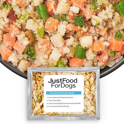 JustFoodForDogs Frozen Fresh Dog Food, Complete Meal or Dog Food Topper, Fish & Sweet Potato Human Grade Dog Food Recipe, 18 oz (Pack of 21)