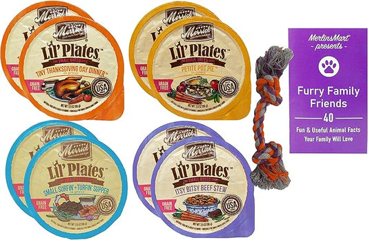 Merrick Lil' Plates Grain Free Small Breed Dog Food 4 Flavor 8 Can Variety (2) Each: Thanksgiving Day, Pot Pie, Surfin' Turfin', Beef Stew (3.5 Ounces) - Plus Rope Toy and Fun Facts Booklet Bundle