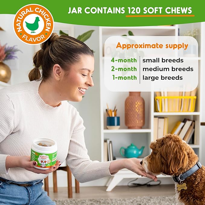 Probiotics for Dogs - Digestive Enzymes for Gut Health, Diarrhea & Bowel Support, Seasonal Allergies, Dog Supplement for Pet Immune System, Dog Vitamin - 120 Soft Chews - Chicken