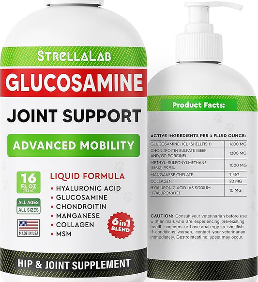 StrellaLab Liquid Glucosamine for Dogs (16 OZ) - All-Natural Hip & Joint Supplement for Dogs, Glucosamine Chondroitin Liquid, MSM & Collagen for Dogs Mobility, Joint Pain Relief for Small & Large Dogs