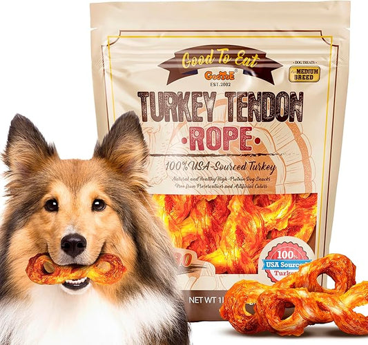 Gootoe Turkey Tendon Dog Treats – 100% USA-Sourced, Natural Snack, Premium Training Chews, Hypoallergenic, Reseal Value Bags, Sizes for Small Medium & Large Dogs, Rope (M) Jumbo Pack, 1 lb (Pack of 1)