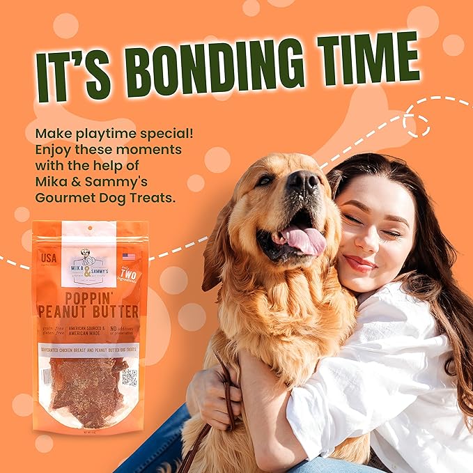 Gourmet Jerky Dog Treats - Natural Dog Treat Chicken Jerky for Dogs, Nutritious and Tasty Dog Jerky Treats Made in USA only, Cage-Free, No Additives (Mika & Sammy's Poppin' Peanut Butter 12 oz)