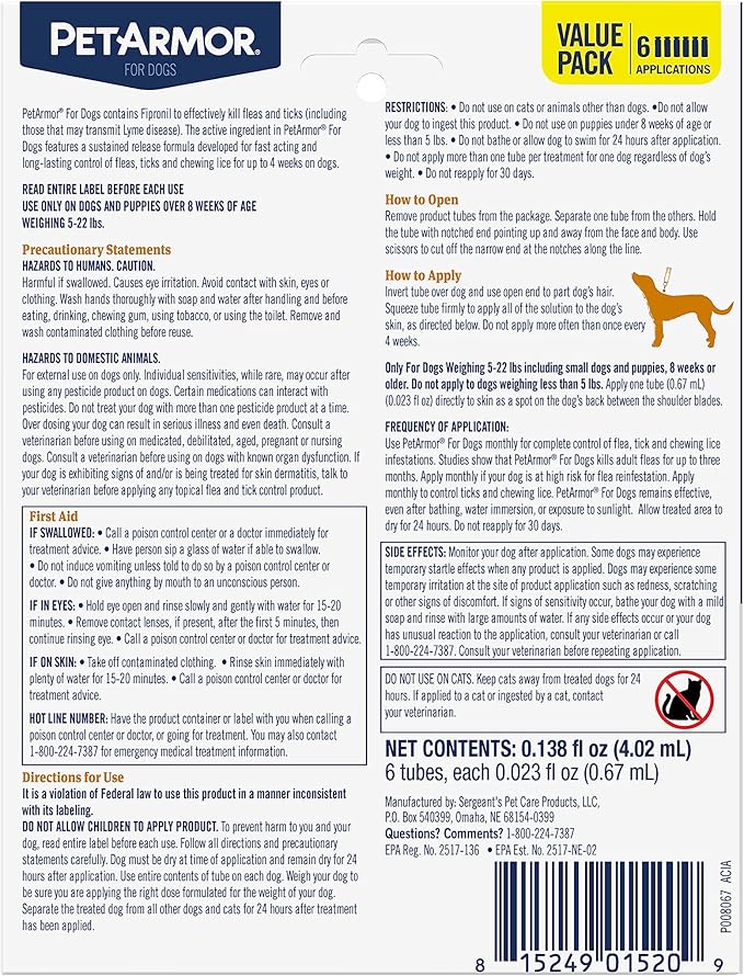 PetArmor for Dogs, Flea and Tick Treatment for Small Dogs (5-22 Pounds), Includes 6 Month Supply of Topical Flea Treatments