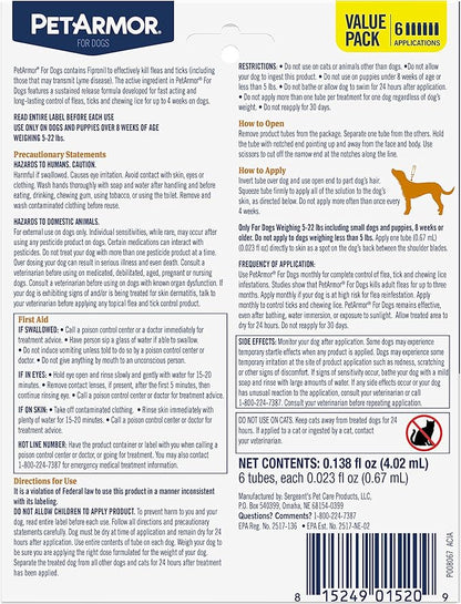 PetArmor for Dogs, Flea and Tick Treatment for Small Dogs (5-22 Pounds), Includes 6 Month Supply of Topical Flea Treatments