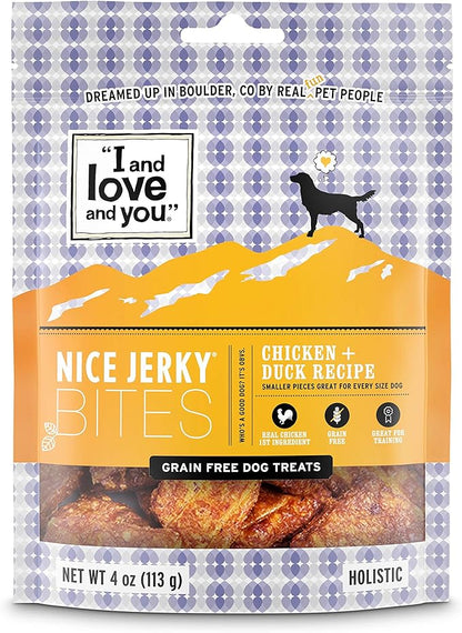 I and love and you Nice Jerky Bites - Chicken + Duck - Grain Free, Real Beef, Training Treat, Chewy Dog Treats, Filler Free, 4oz