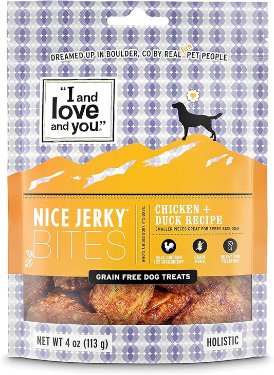 I and love and you Nice Jerky Bites - Chicken + Duck - Grain Free, Real Beef, Training Treat, Chewy Dog Treats, Filler Free, 4oz