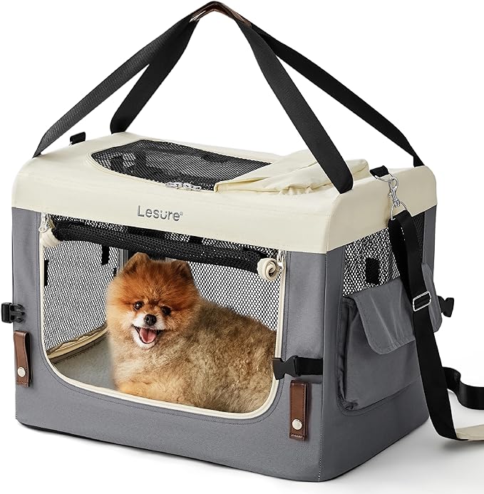 Lesure Collapsible Travel Dog Crate for Small Dogs, Portable Soft Dog Crate for Outdoor & Indoor, Folding Fabric Dog Kennel with Handle, 24 Inch Heavy Duty Pet Carrier (Grey)