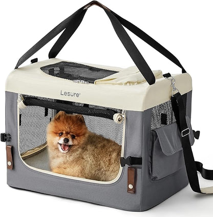 Lesure Collapsible Travel Dog Crate for Small Dogs, Portable Soft Dog Crate for Outdoor & Indoor, Folding Fabric Dog Kennel with Handle, 24 Inch Heavy Duty Pet Carrier (Grey)
