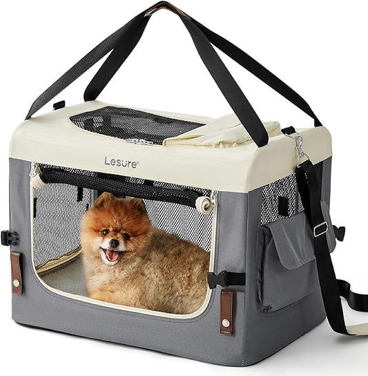 Lesure Collapsible Travel Dog Crate for Small Dogs, Portable Soft Dog Crate for Outdoor & Indoor, Folding Fabric Dog Kennel with Handle, 24 Inch Heavy Duty Pet Carrier (Grey)