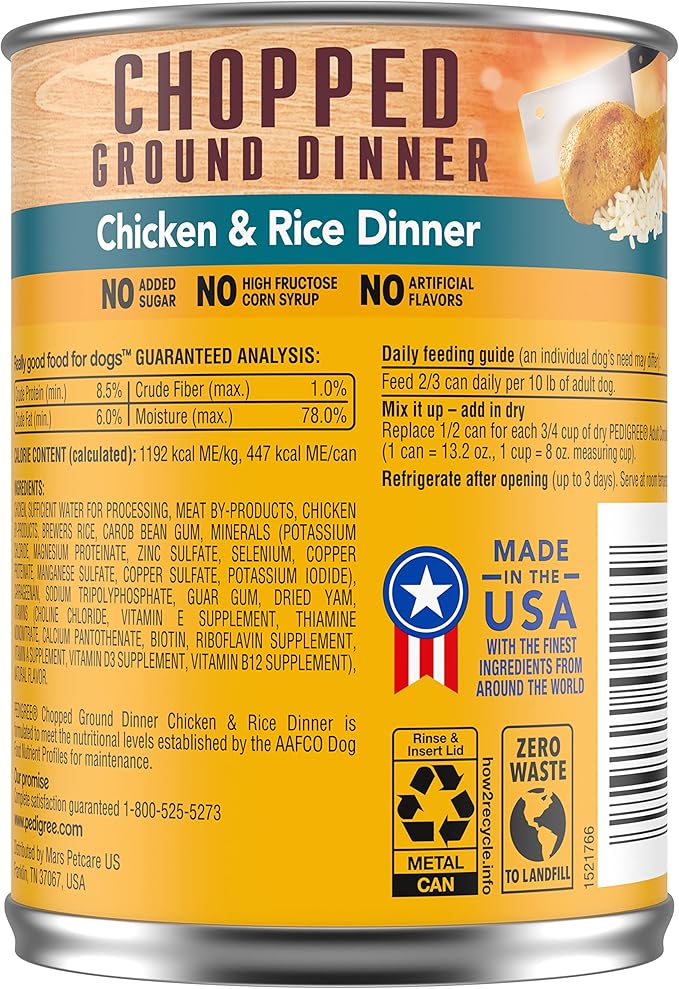 PEDIGREE CHOPPED GROUND DINNER Adult Canned Soft Wet Dog Food, Chicken & Rice Dinner, 13.2 oz. Cans (Pack of 12)