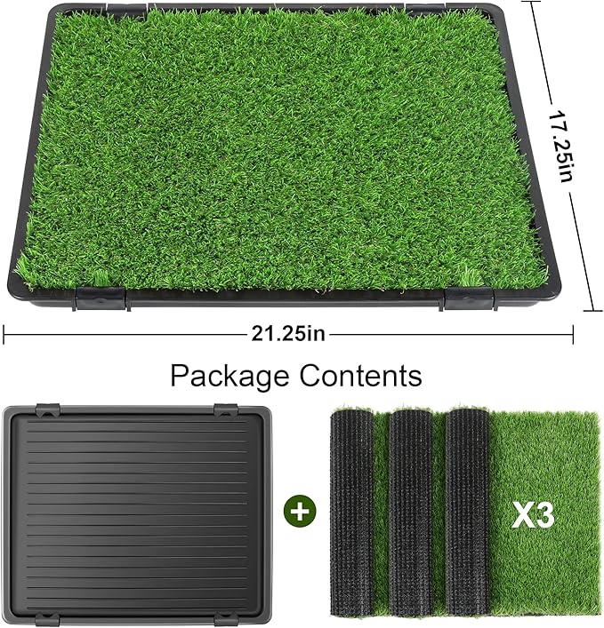 Dog Grass Pad with Tray: Reusable Training Pad with 3-Pack Replaceable Artificial Grass - Quick Absorbent Indoor Portable Dog Patio Potty, Washable Pee Pad For Small Medium To Large Dog, 22"x18" Black