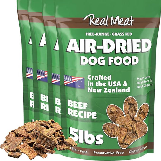 Real Meat Air Dried Dog Food w/ Real Beef - Four 5lb Bag of USA-Crafted Grain-Free Real Meat Dog Food Sourced from Hormone-Free, Free-Range, Grass-Fed Beef - Digestible, Natural, High Protein Beef
