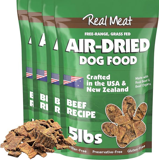 Real Meat Air Dried Dog Food w/ Real Beef - Four 5lb Bag of USA-Crafted Grain-Free Real Meat Dog Food Sourced from Hormone-Free, Free-Range, Grass-Fed Beef - Digestible, Natural, High Protein Beef