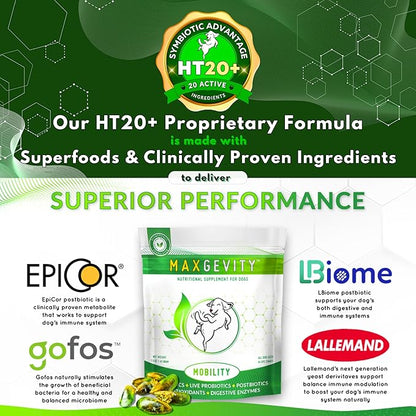 MAXGEVITY Mobility, Hip & Joint Support Meal Topper with Glucosamine & Green Lipped Mussels, Live Probiotics, Pre & Postbiotics, Digestive Enzymes, and Antioxidants | Up to 180 Day Supply.