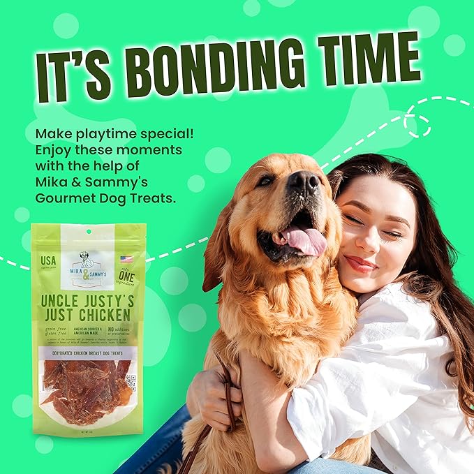 Gourmet Jerky Dog Treats - Natural Dog Treat Chicken Jerky for Dogs, Nutritious and Tasty Dog Jerky Treats Made in USA only, Cage-Free Chicken, No Additives(Mika & Sammy's Unlcle Justy's 5 oz)