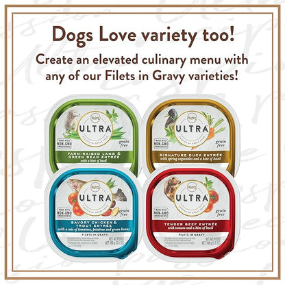 NUTRO ULTRA Grain Free Adult Wet Dog Food Filets in Gravy Tender Beef Entrée With Tomato and a Hint of Basil, 3.5 oz. Trays, Pack of 24