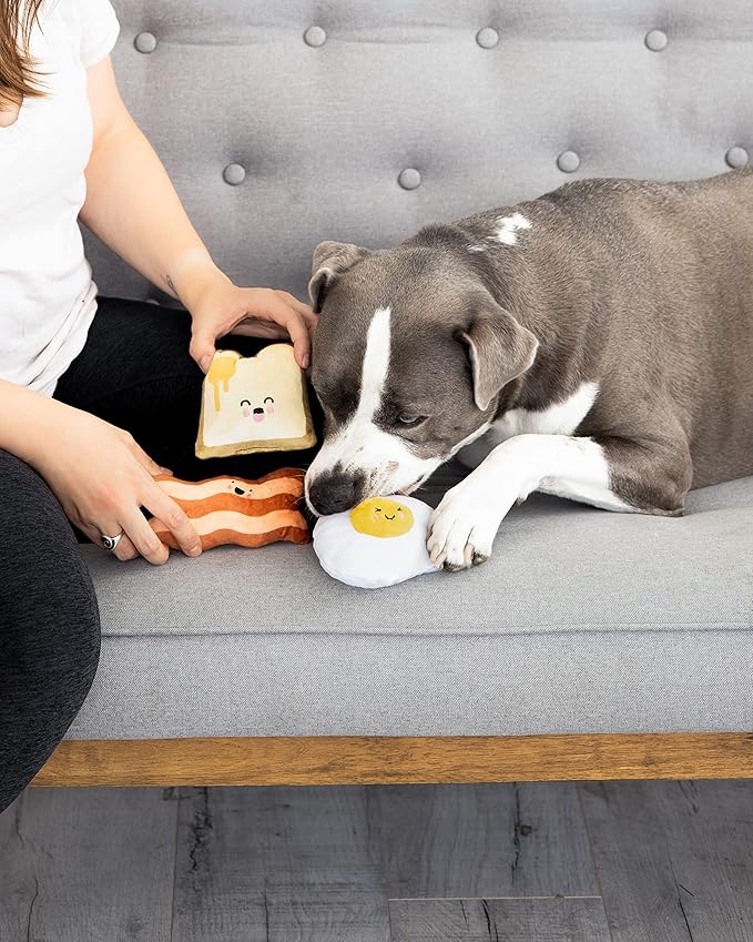 Pearhead Barkfast Dog Toys, Set of 3, Plush Pet Squeaker Toys, Breakfast Dog Toy Set, Toast Bacon & Egg Toy Set, Must Have Pet Accessories for Pet Owners