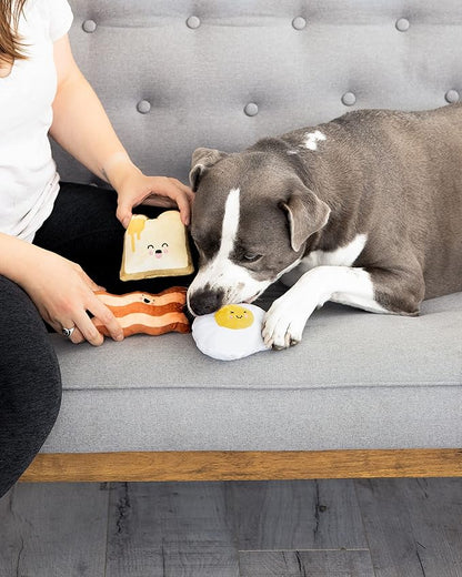 Pearhead Barkfast Dog Toys, Set of 3, Plush Pet Squeaker Toys, Breakfast Dog Toy Set, Toast Bacon & Egg Toy Set, Must Have Pet Accessories for Pet Owners