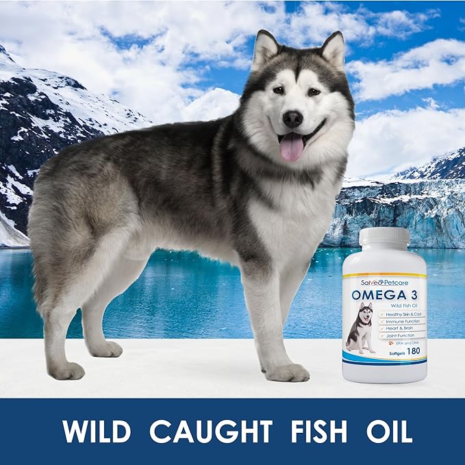 Omega 3 Fish Oil for Dogs - Natural Pet Supplement for Shiny Coat - Wild Caught More EPA & DHA Than Salmon Oil - 180 Capsules No Fishy Smell or Mess - Ideal for Medium Large Dogs